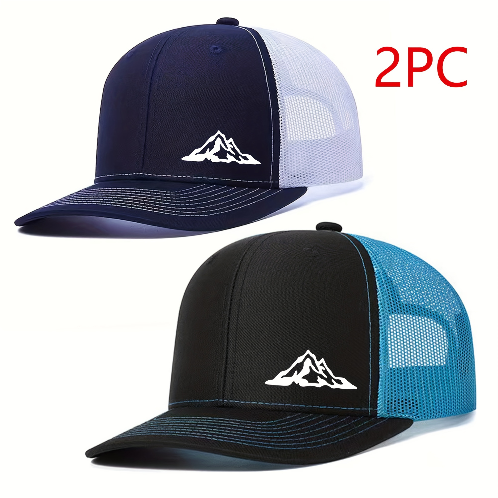 

2pcs Elegant Mountain Logo Print Curved Brim Fashion Mesh Trucker Baseball Cap, Adjustable Snapback, Casual Street Style Hat For Men & Women