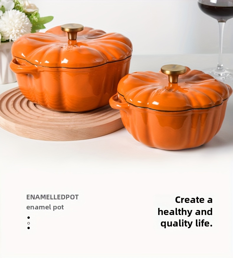 1pc autumn enamel cast iron pumpkin pot multifunctional stew pot soup casserole dutch oven induction cooktop compatible home kitchen cookware details 2