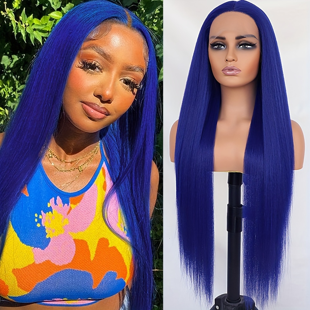 

32 Inch Blue Blonde Color Long Lace Front Wigs For Women Straight Glueless Synthetic Hair Wig Heat Resistant Wig For Daily Party Cosplay Use