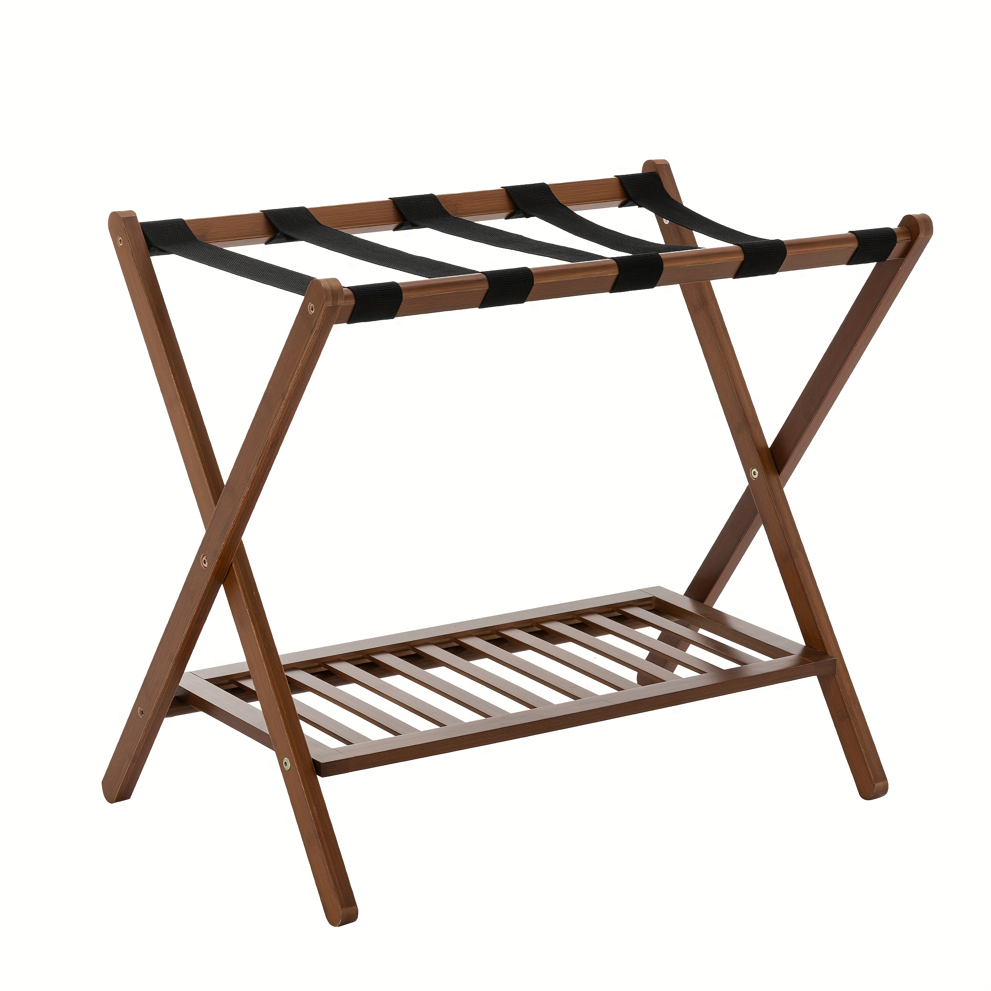 TEMU Foldable 2-layer Bamboo Luggage Rack & Shoe Shelf - Space Saving Double Layer Storage Organizer For Travel, Hotel, Home - Sturdy & Portable,