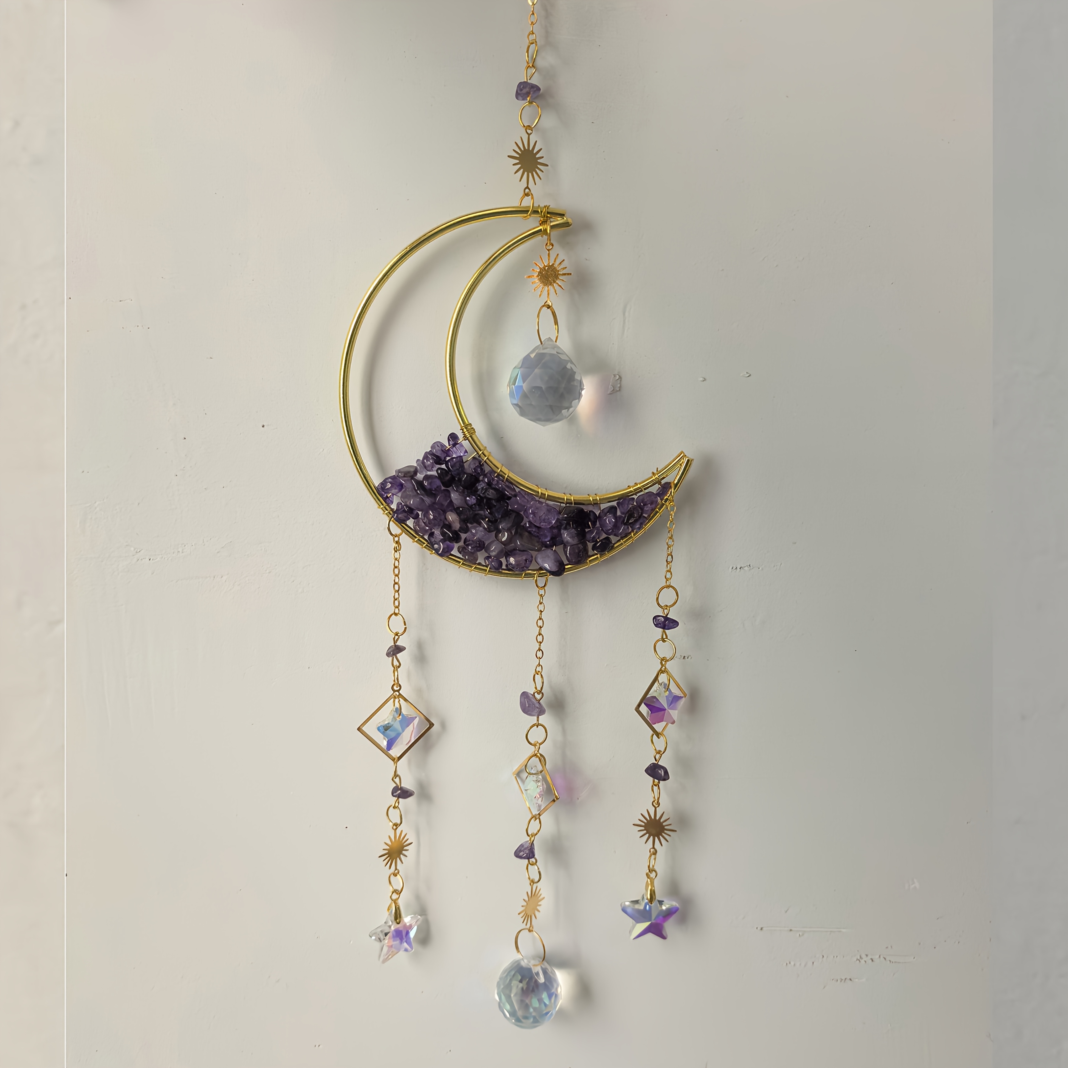 Image of 1pc Amethyst Prisms Suncatcher, Half Moon Shaped Window Hanging Pendant Glass Prisms Decor Wind Chime Rainbow Sun Catcher For Home Garden Porch