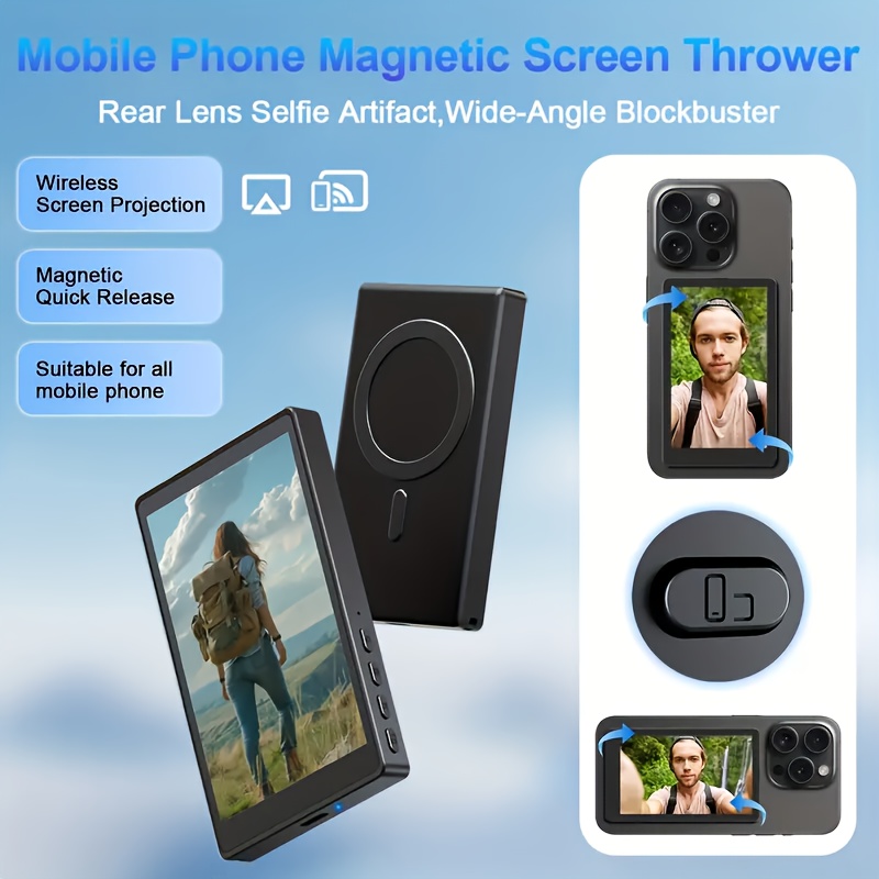 TEMU Vlog Screen Setup For Smartphones, Wireless Vlog Selfie Monitor Screen For Iphone&, Magnetic Phone Vlog Selfie Screen, Using Phone Real Camera