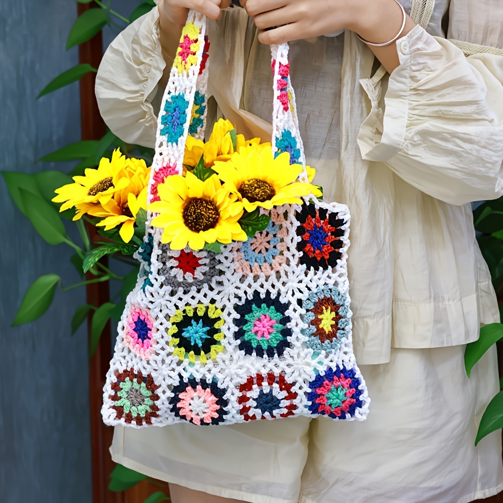 

Women's Crochet Floral Bag, Handmade Hollow Shoulder Clutch With Fixed Straps, Quilted Pattern, Lace , Foldable, Unlined, , No-closure, For All , Holiday Gift - White/red/apricot