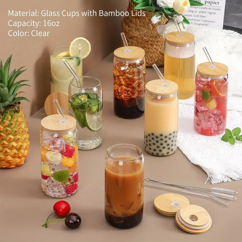 6pcs drinking glasses with bamboo lids and glass straw 16 oz can shaped glass cups for beer ice tumbler cup great for soda boba tea cocktail 2 cleaning brushes Product details 0
