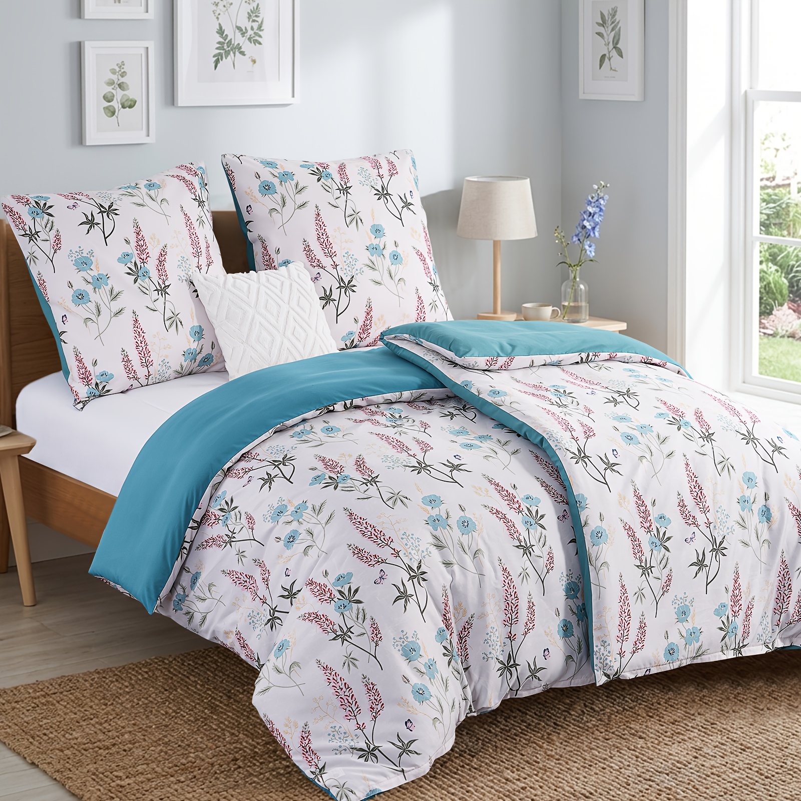 Image of Bedding 135x200 Cm, 4pcs, Duvet Cover - Bedding 135 X 200 Cm, Plant-flower Pattern, With 2 Pillowcases 80x80 Cm, 2pcs Duvet Cover With Zipper, Iron-free And Soft