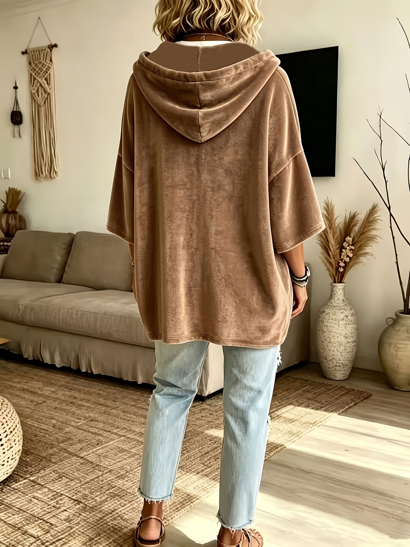 womens three quarter sleeve solid color velvet casual t shirt top for autumn   brown 1