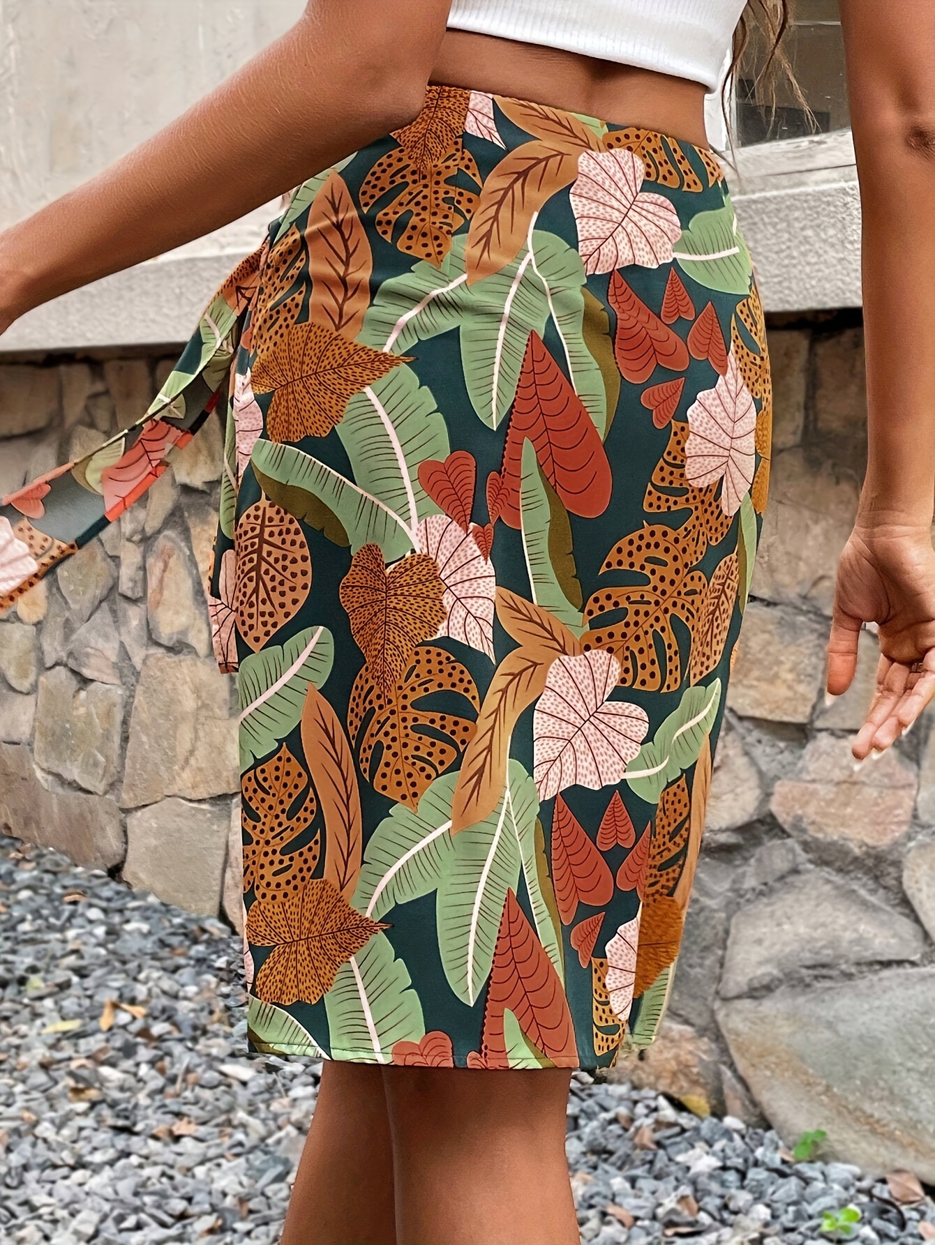 Women's French-Inspired Elegant Tropical Floral Print Wrap Skirt  Lightweight Non-Stretch Machine Washable with Bow Detail for Spring Summer  Fall