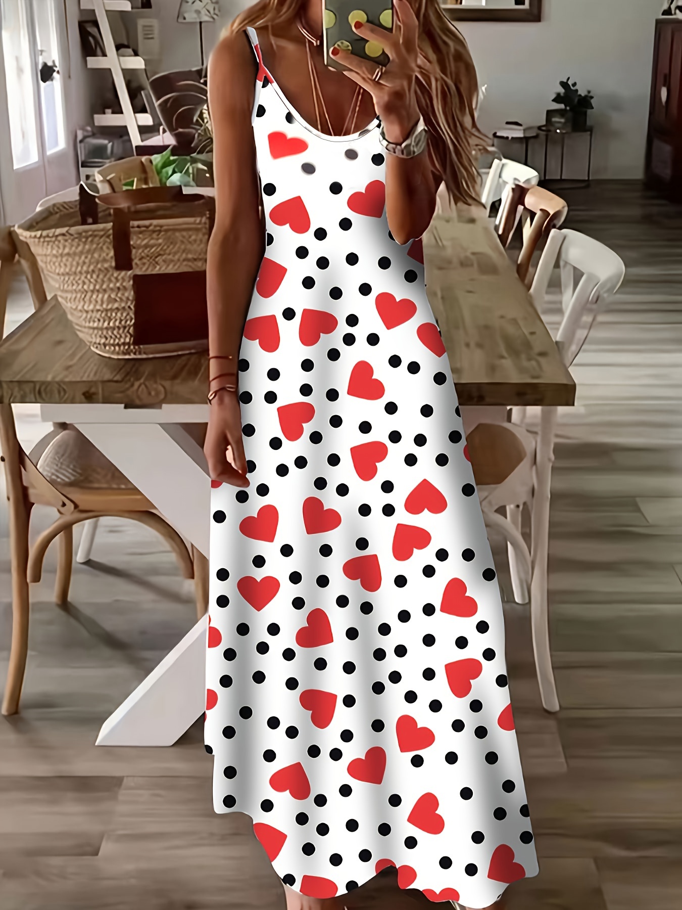 Plus Size Heart Print Slip Dress Casual Crew Neck Sleeveless Temu United