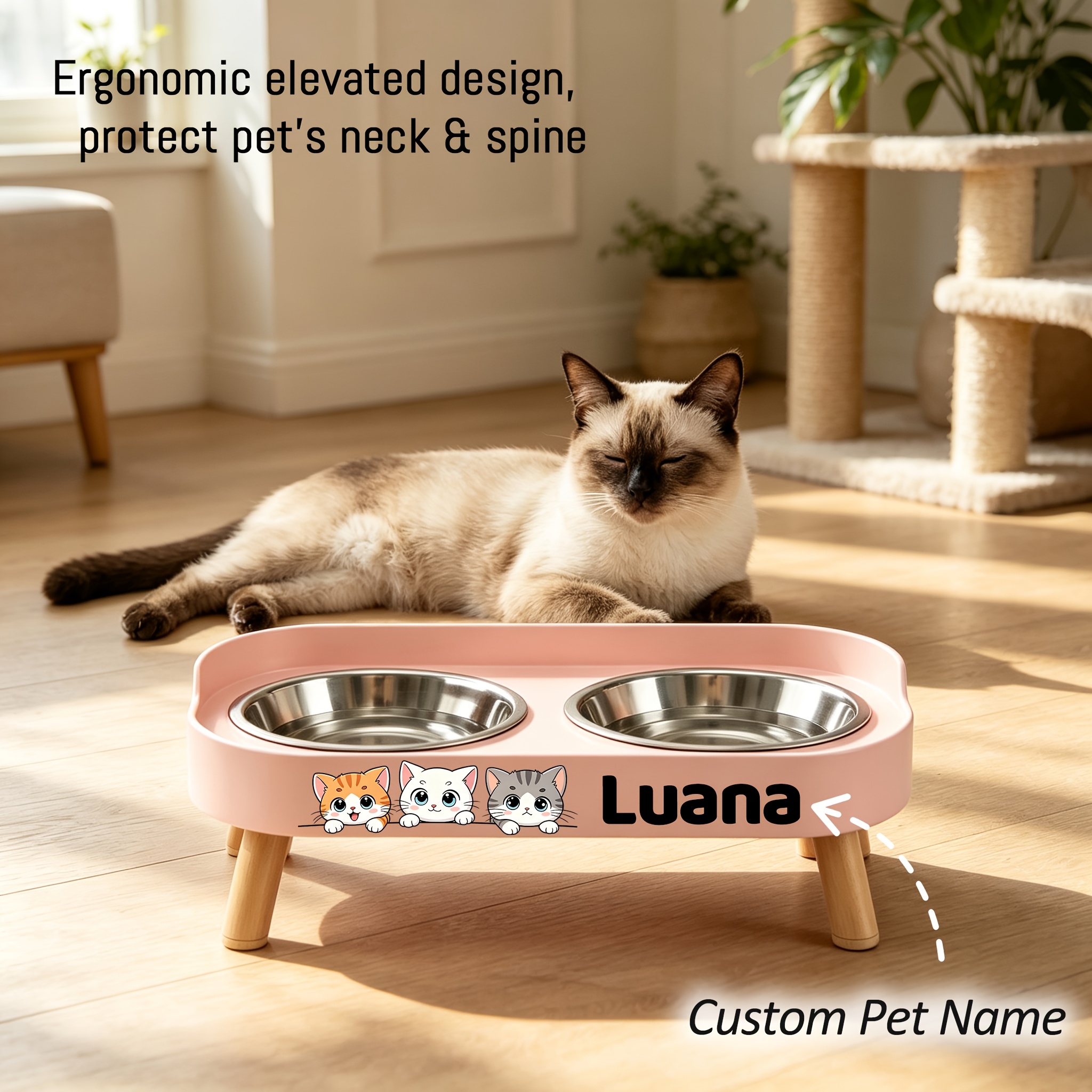 Raised Double Bowl Feeder with Custom Pet Name