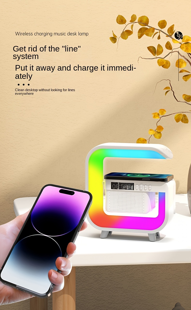 4 in 1 wireless charging smart speaker led table lamp colorful hifi bass wireless speaker with time alarm tf card support non waterproof usb battery operated voice control for home decor speaker decor item modern led lamp wireless speaker speaker decorations details 3