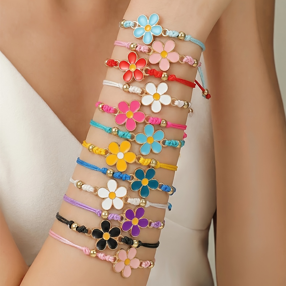 12pcs set of sweet and adorable colorful floral elements adjustable handmade braided bracelets   daily wear or as a gift for friends