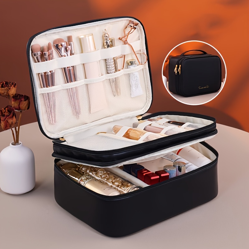 TEMU Double-layer Cosmetic Bag Multifunctional Travel Women's Toiletry Bag Portable Makeup Brush Storage Bag Large Capacity Makeup Case