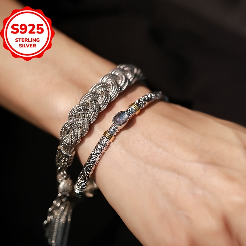925 Hypoallergenic Retro Block Kufic Pattern Open Bangle