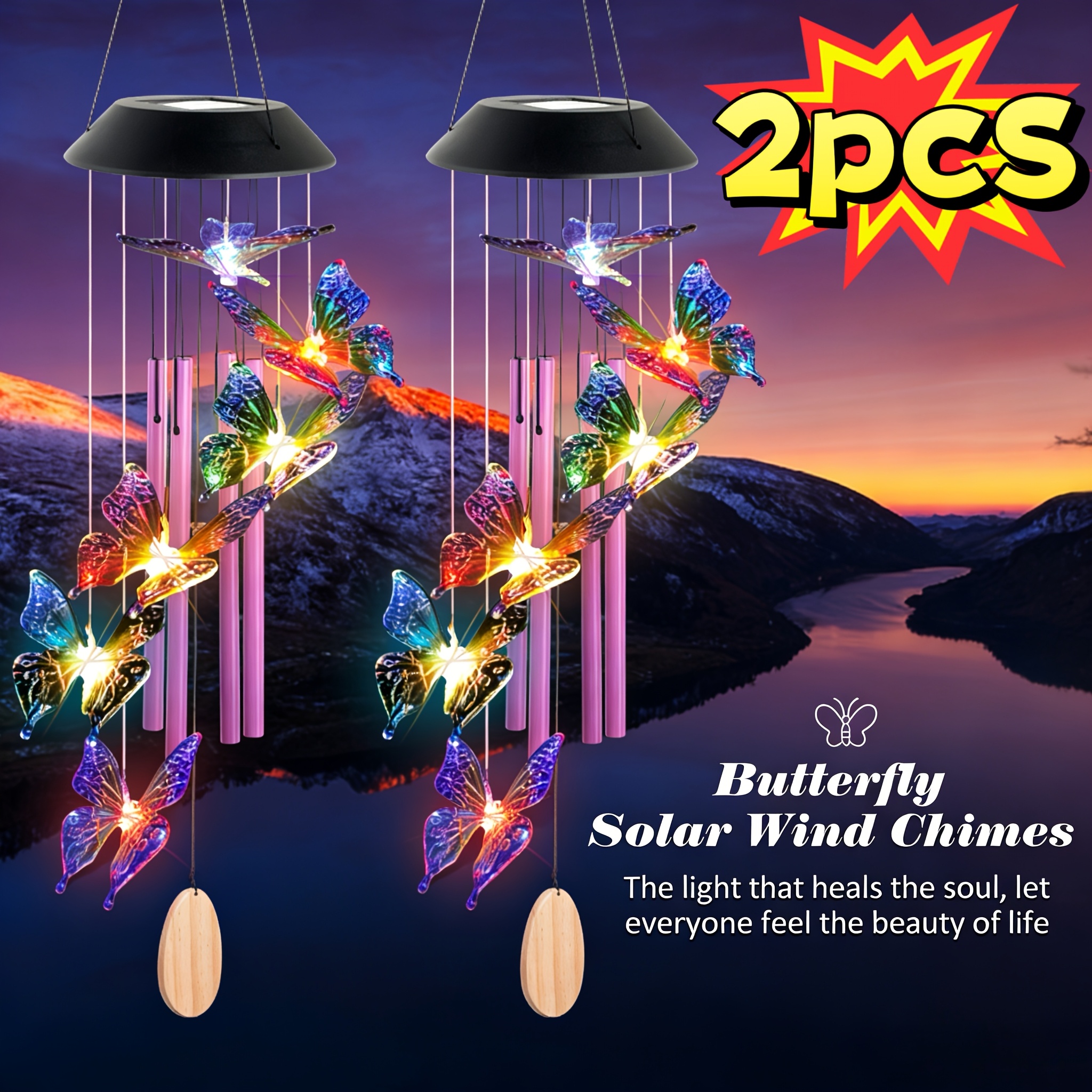 TEMU 2pcs Wind Chimes, Solar Lights Outdoor, Garden Decor, Mothers Day Gifts, Mom Gifts, Grandma Gifts, Outdoor Hanging Decor, Solar Lights, Color