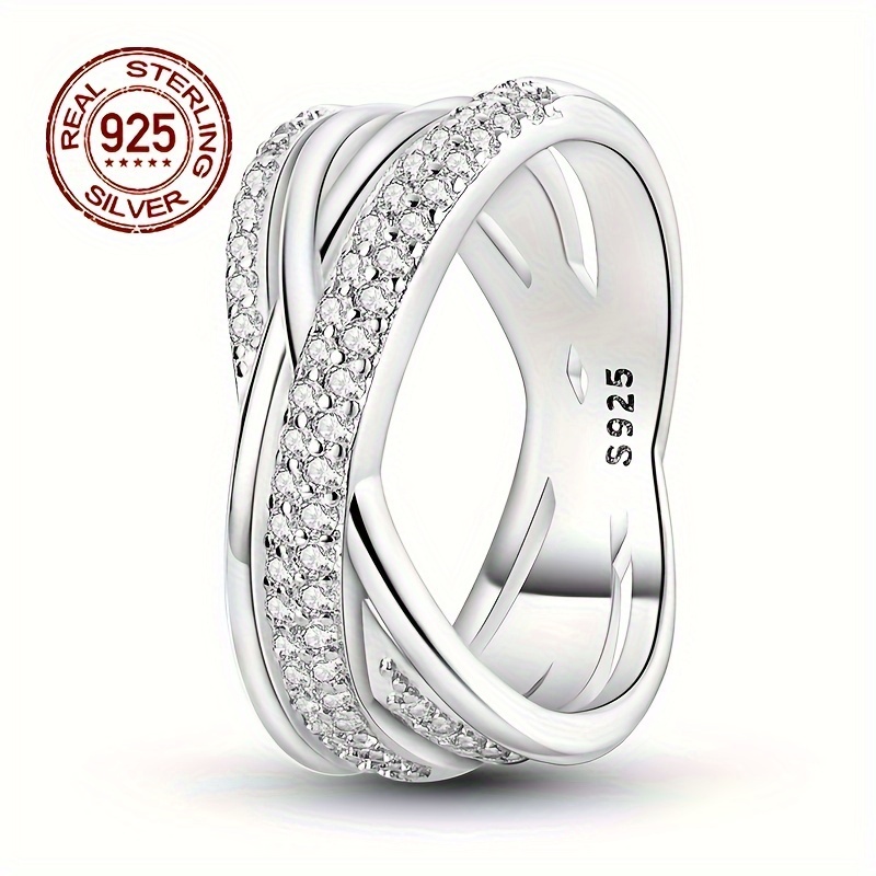 

1pc Sterling Silvery 925 Hot Selling Geometric Line Inlaid Multi-ring Wide Ring Inlaid Zirconia Hypoallergenic Ring Female Girl Wedding Party Jewelry Gift Birthday Gift Christmas Gift Valentine Gift