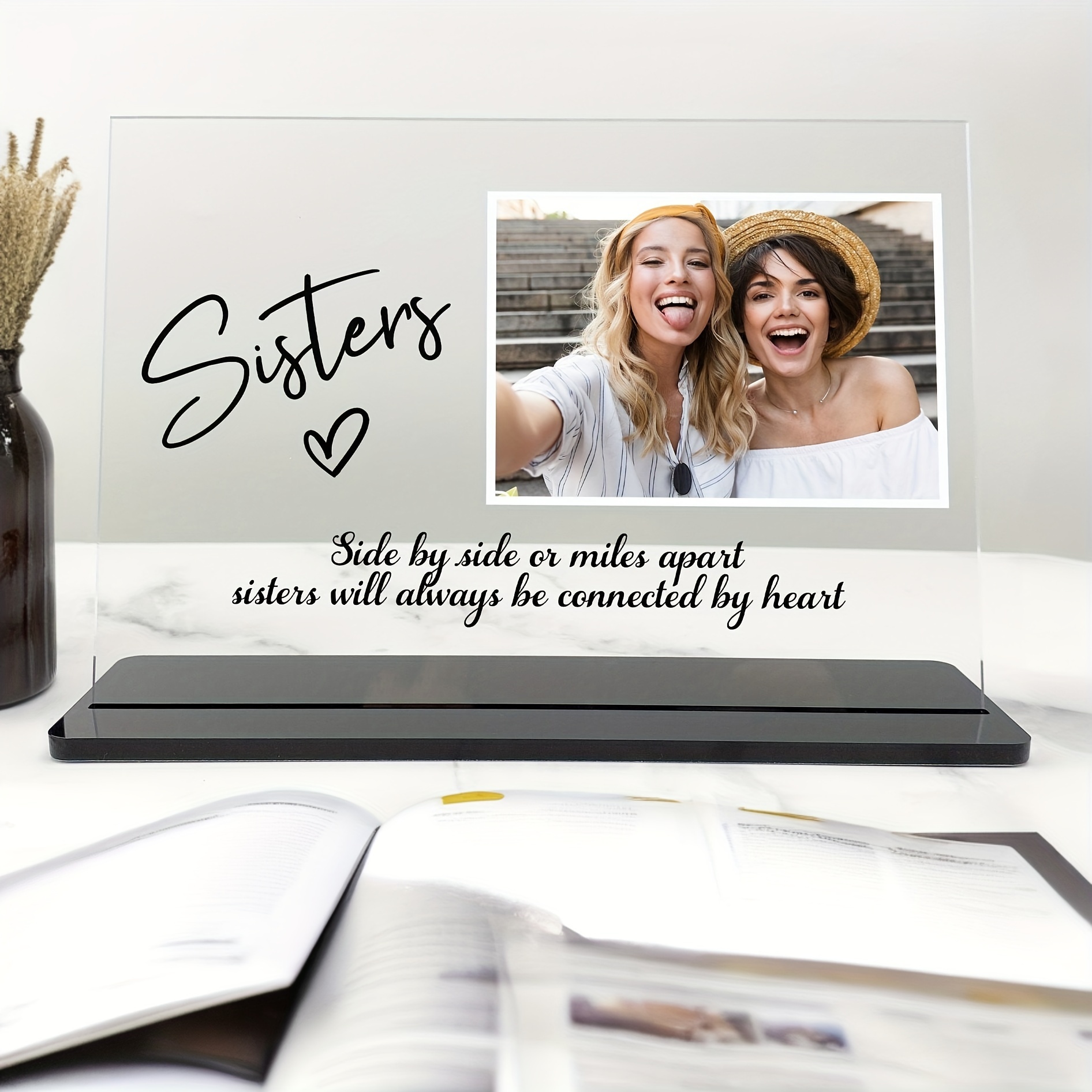 

Acrylic Sisters Photo Plaque - Glam Style Tabletop Decorative Sign With Personalized Photo Slot, Multipurpose Acrylic Frame With English , Ideal Sister Birthday & Christmas Gift