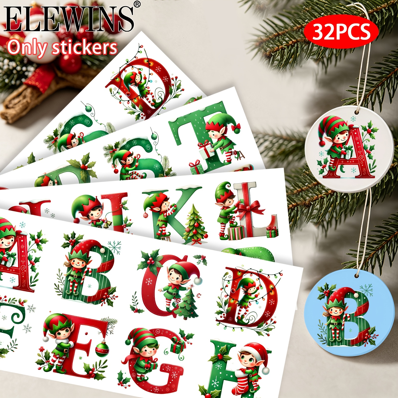 TEMU Lot de 32 pièces d'ornements de Noël alphabet en vinyle UV DTF - Vinyle imperméable et résistant aux rayures pour loisirs créatifs, décorations