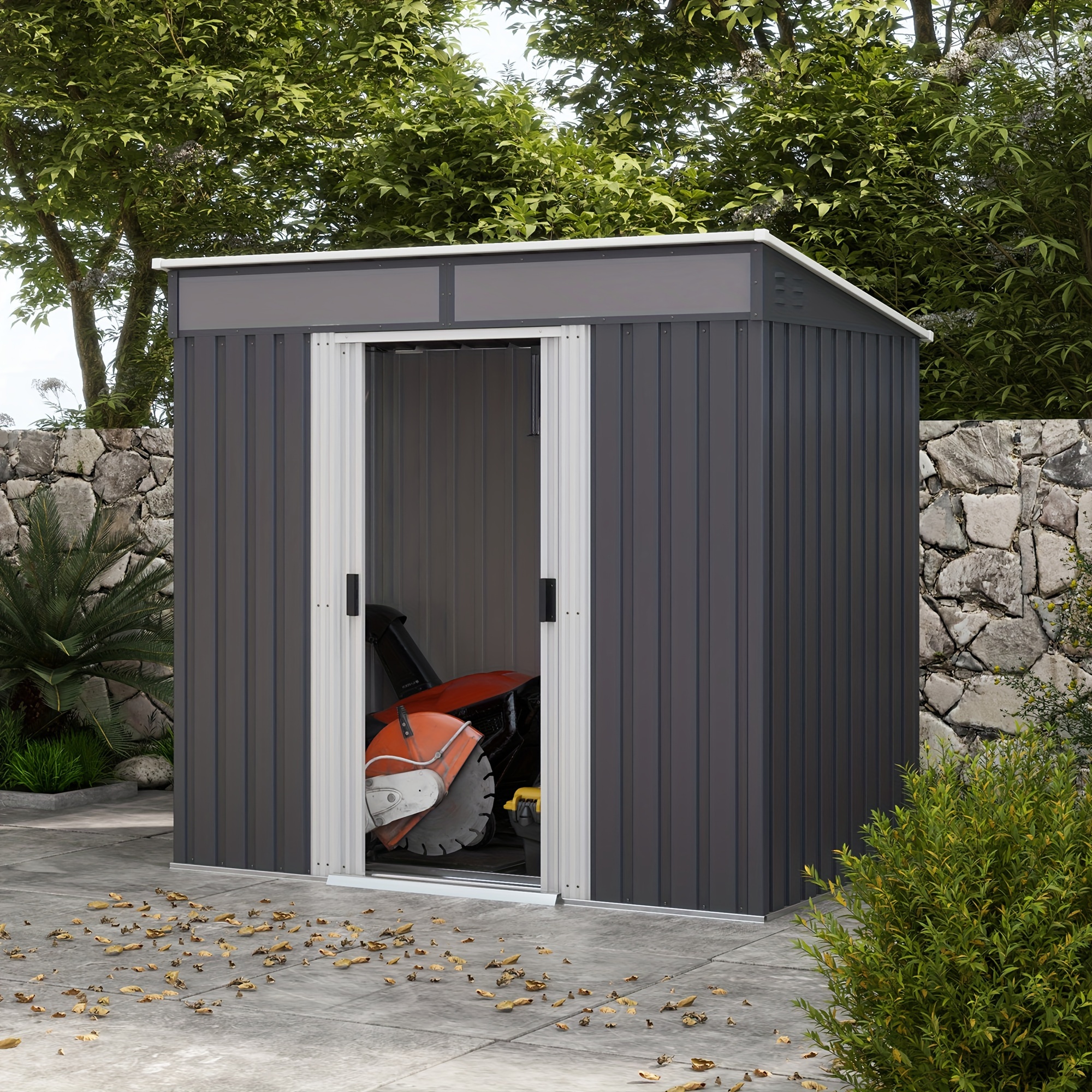 TEMU Abri de jardin extérieur de 6.5 pi x 4 pi avec de plancher, remise à outils de jardin en métal verrouillable avec portes coulissantes et évents