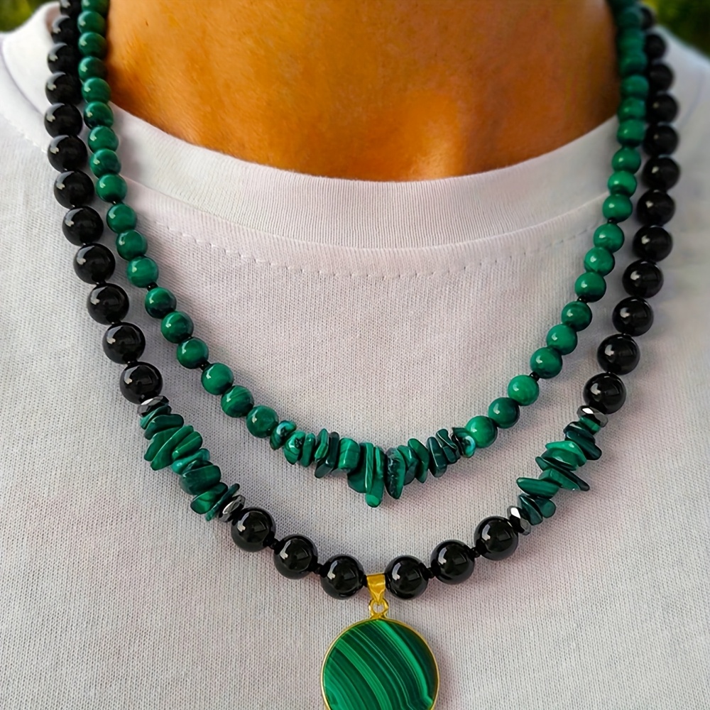 TEMU Conjunto de dos piezas de moda con collar de cuentas turquesas, collar de piedra irregular a , collar de colgante exquisito, adecuado para uso