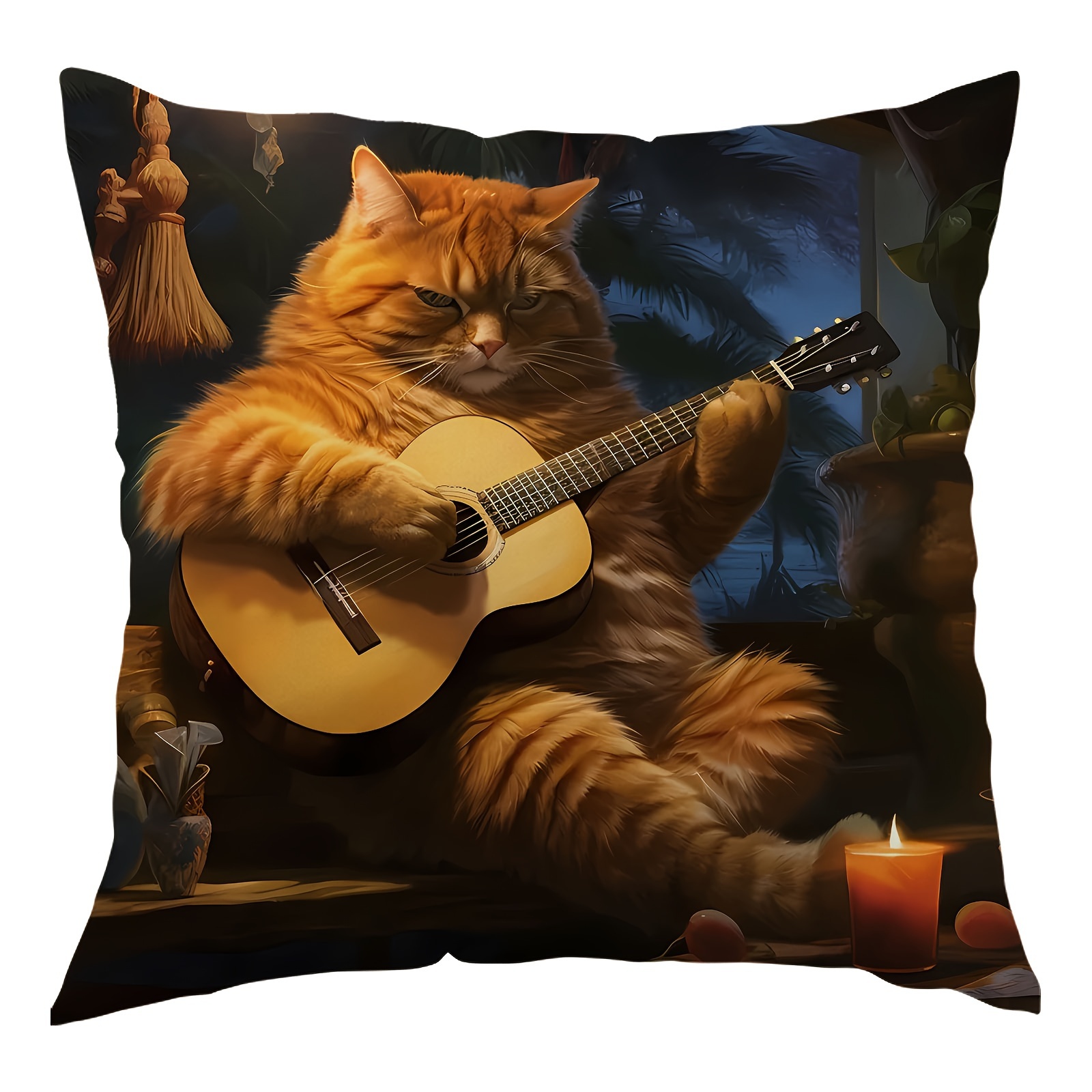 

Funny Cat Playing Guitar Plush Throw Pillow Cover, 18x18 Inches - Zippered, Single-sided Print, Perfect For Sofa & Bedroom Decor, Machine Washable