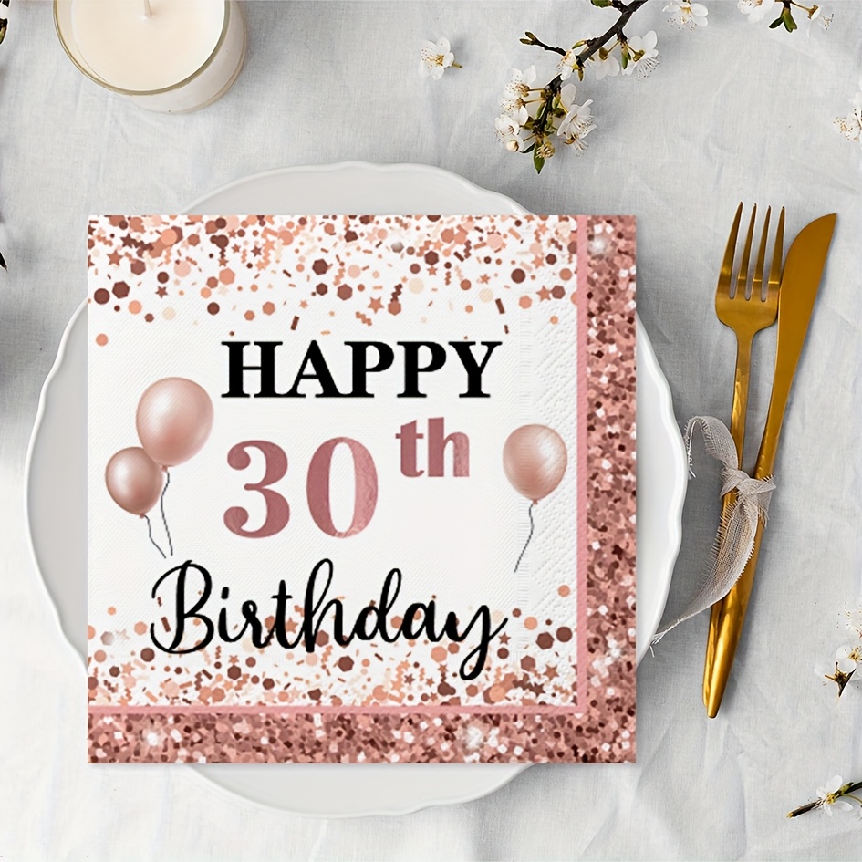 Image of 25pcs Rose Golden 30th Birthday Disposable Party Napkins, Birthday Party Decorations, Perfect For Family Parties, Restaurant Events, And Holiday Supplies