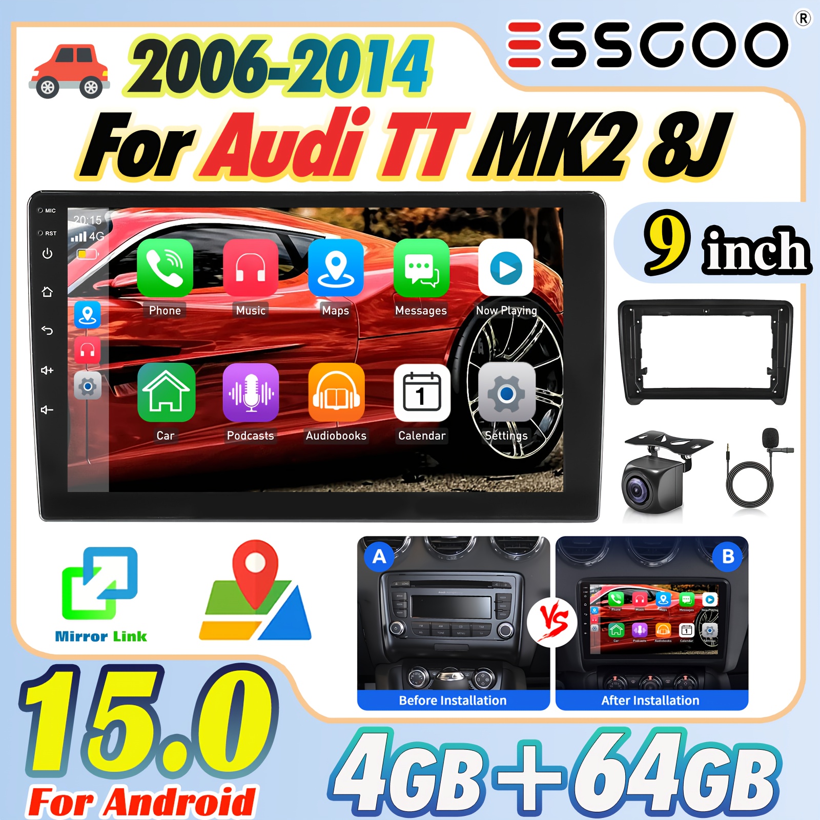 Essgoo 15 Car Stereo +64gb For Tt Mk2 8j 2006-2014 (frame Included), Auto Car, 9 Inch Ips Touch Screen Car Accessories, Support Gps Wifi Swc Fm Rds Vehicle With Ahd Camera & Microphone