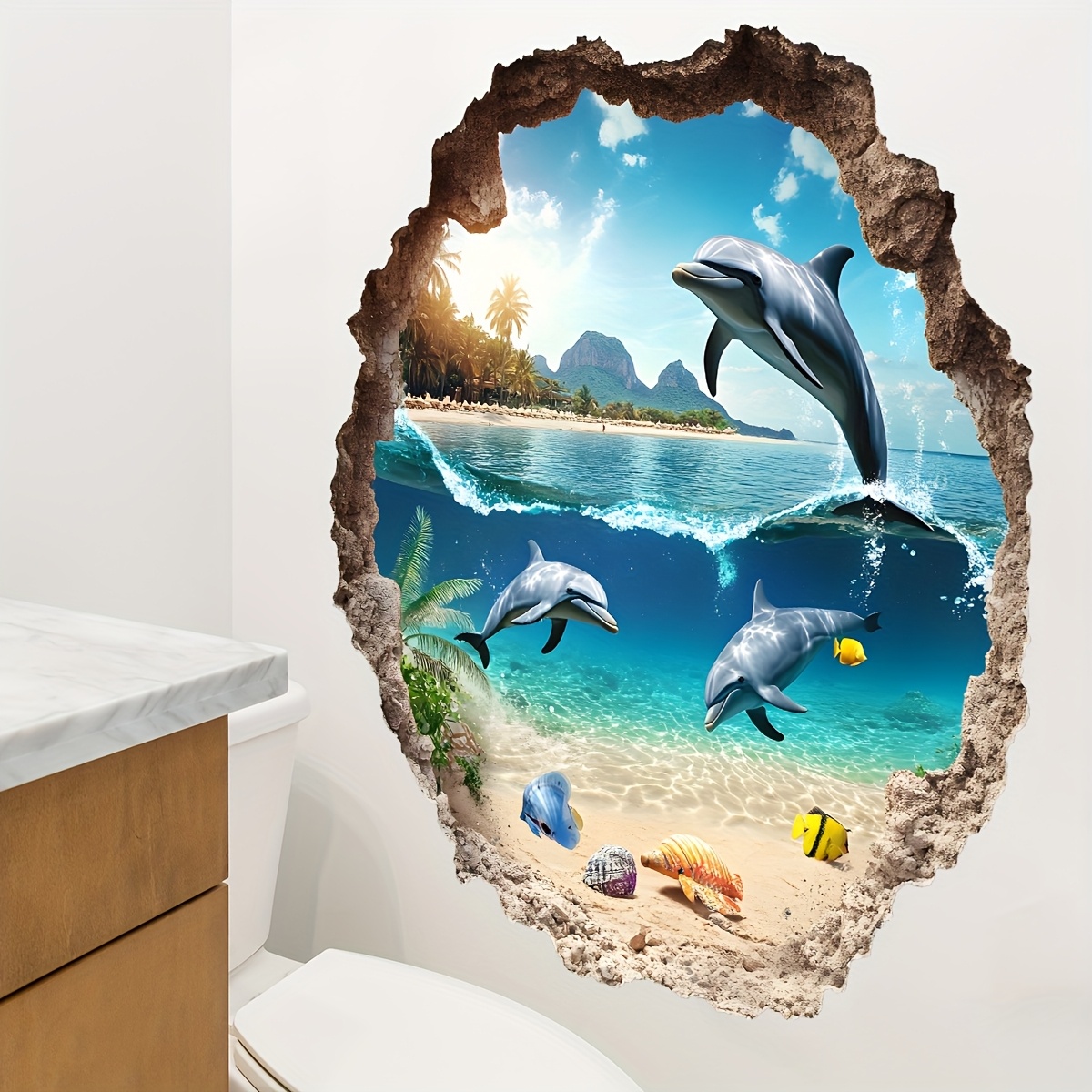 Marine Dolphin Wallpaper Compatible For Floors/walls - Vinyl Ocean Theme Wall Decal With Spray-printed , Irregular Sea Creature (, Fish)