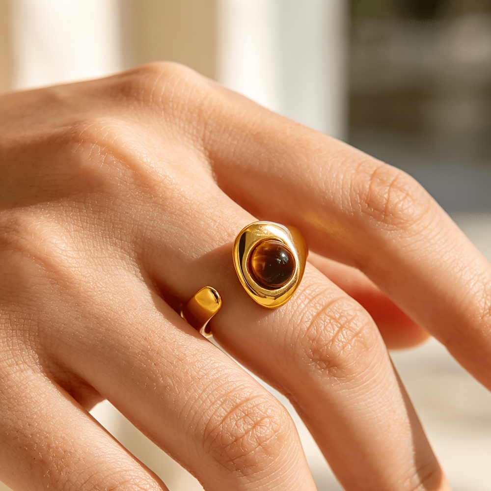 Women's Brown Faux Stone Open Stainless Steel Vintage Ring
