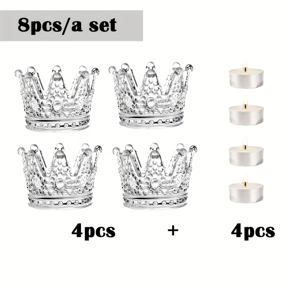 E-shop 8-teiliges Glas-Kronen-Kerzenhalter-Set mit 4 Haltern & 4 Kerzen – Elegantes poliertes Tischdekor für Hochzeiten, Partys, Dinnerpartys –