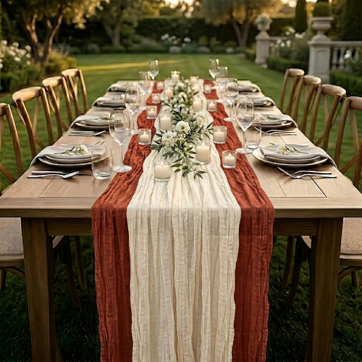 TEMU Lot de deux nappes voilages et de table rustiques de style bohème en terre cuite et beige, adaptés pour les fêtes de mariage, les célébrations