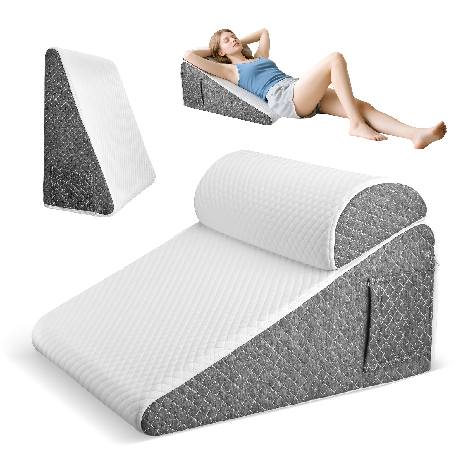 Versatile Wedge Pillow With Neck Roll - Multi-use Support Pillow For Reading, Lumbar/leg/back Support, 50x50x26cm