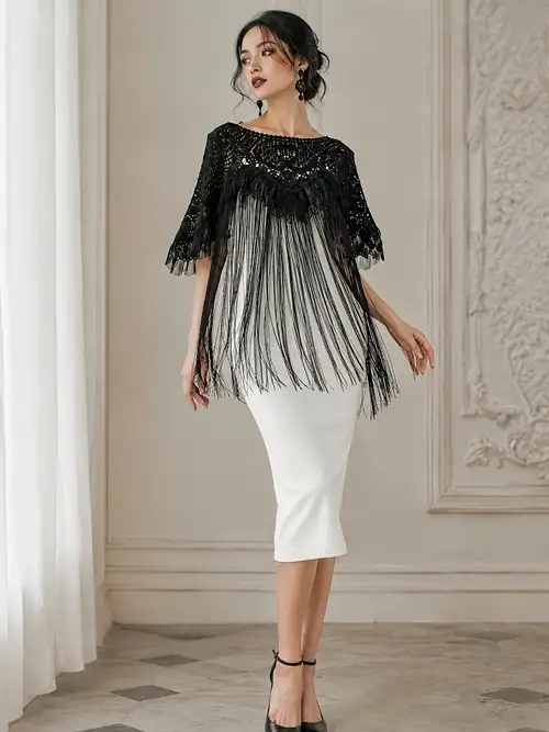 black dress with white fur shawl White Fur Scarf With Black Dress Elegant Holiday Fashion Ideas With Fur Shawl