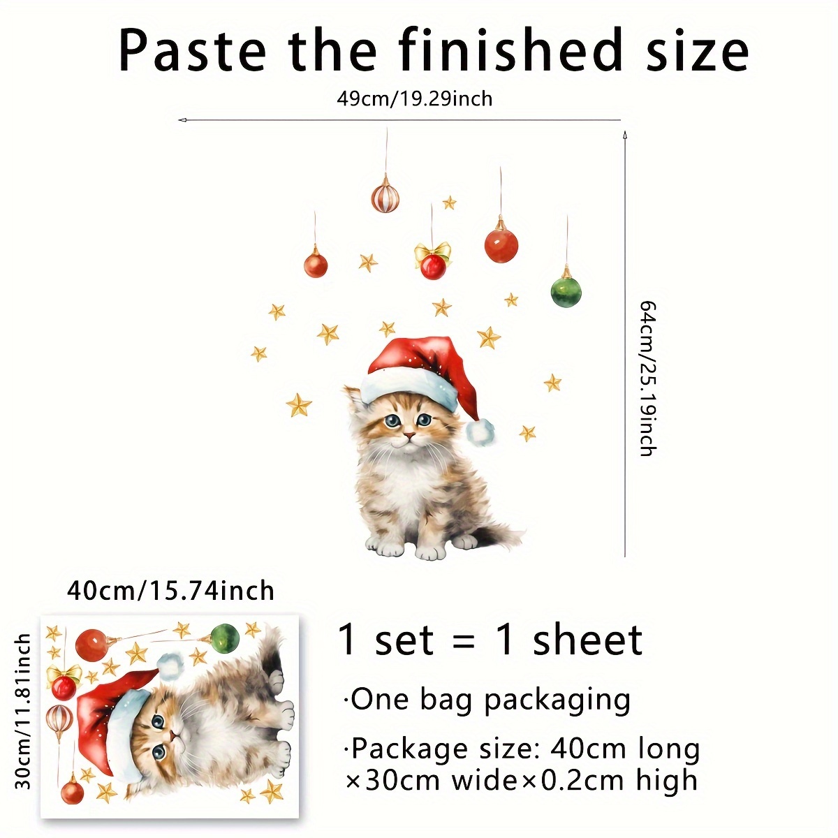Image of *40cm Christmas Cat Ball Holiday Decoration Glass Window Sticker For Bedroom, Living Room, Balcony, Window, Self-adhesive Double-sided Print Ct7035-yc