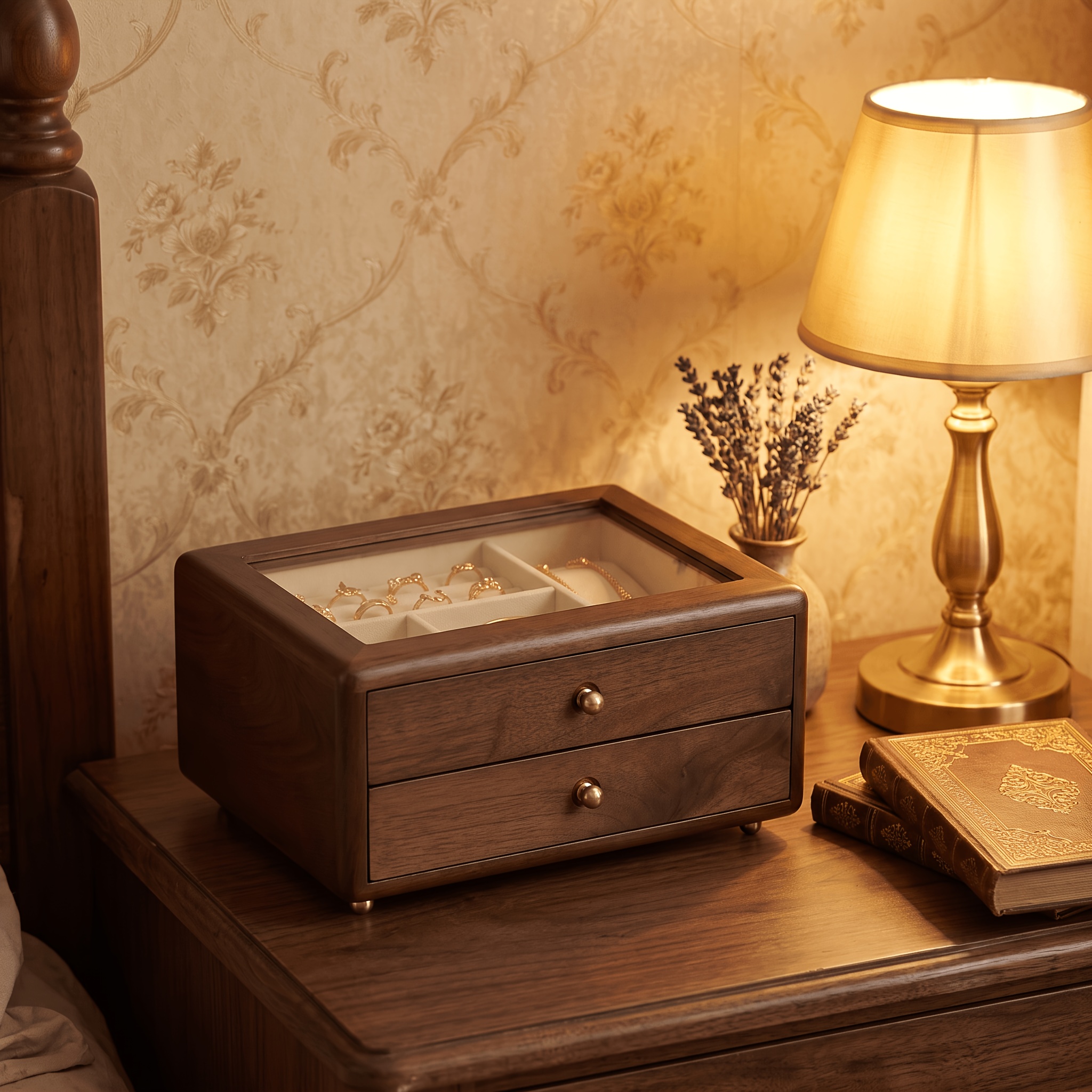 Wooden Walnut-colored Double-layer Transparent Jewelry Box with Drawer Design, Extra-large Capacity Storage Case, Suitable for Rings, Necklaces, Earrings, Bracelets, and Other Types of Jewelry. A Classic Solid Wood Jewelry Storage Box, a Practical