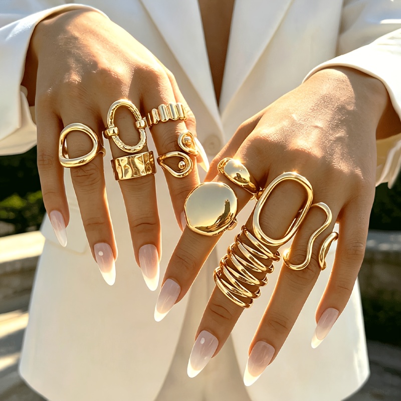 TEMU 10pcs/set Fashion Minimalist Elegant Exquisite Retro Geometric Hollow Ring, Asymmetrical Pleated Texture, Cross-layered Smooth Easy Wide Thick