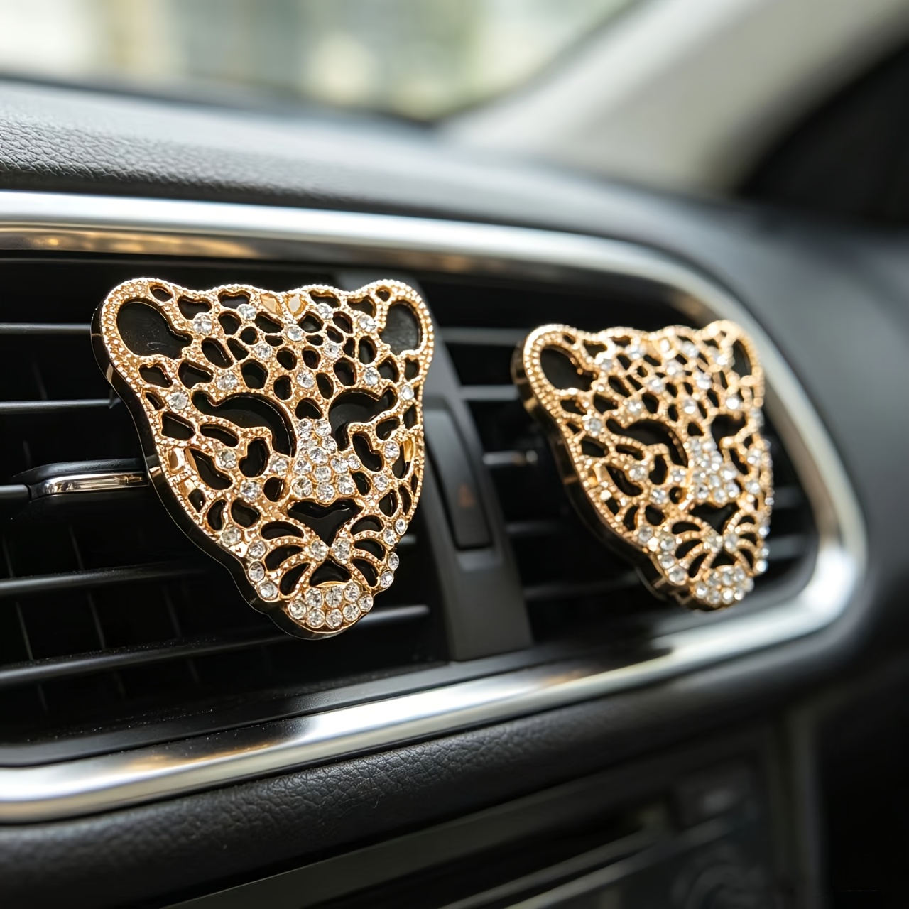 TEMU 2pcs Set, Luxury Hollow Rhinestone Large Leopard Head Car Air Diffuser (scent Refill Not Included), Domineering Rhinestone Leopard Ornament,