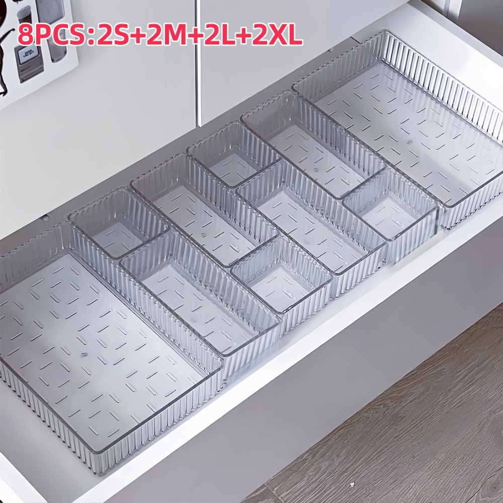 Image of 4/8pcs Set Of Transparent Plastic Cosmetic Storage Boxes, Desk Drawer Organizers, Desktop Divider Storage Boxes, Suitable For Makeup Storage, Office Stationery Storage, And Miscellaneous Item Storage