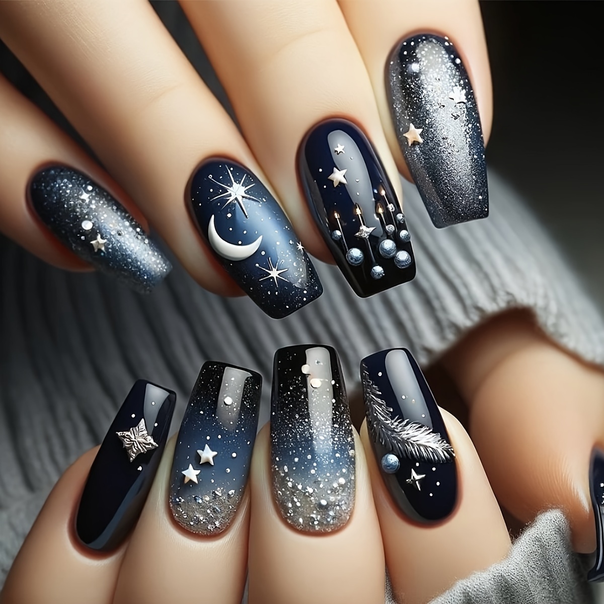 

24pcs Press-on Nail Set In Blue & Silver Gradient With Stars & - Square Shape, Medium Length, With 3d Design - Ideal For Parties, Celebrations & - With Jelly Adhesive & Nail File Included