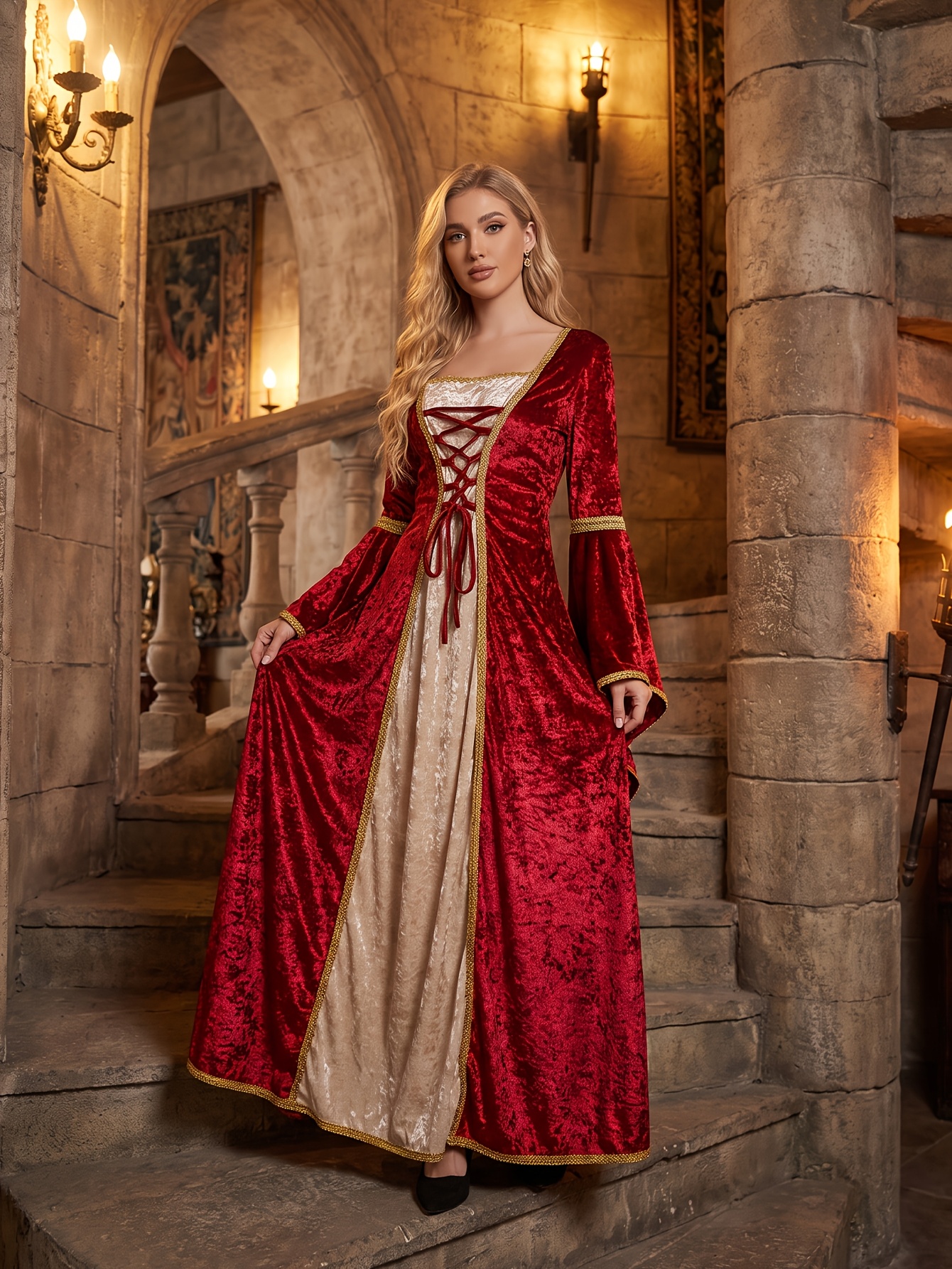 red and gold medieval dress womens european court style long gown halloween LD25