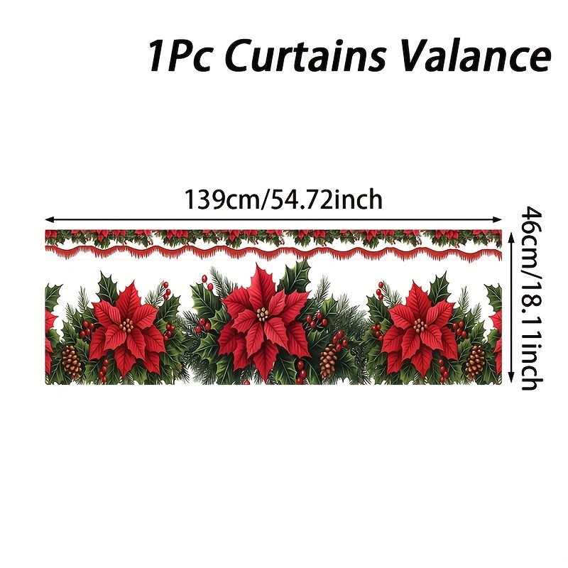 TEMU 1pc, Christmas Red Poinsettia Valance Short Curtain - Polyester Vibrant Poinsettia & Holly Design Merry Christmas Valance Short Curtain, Perfect