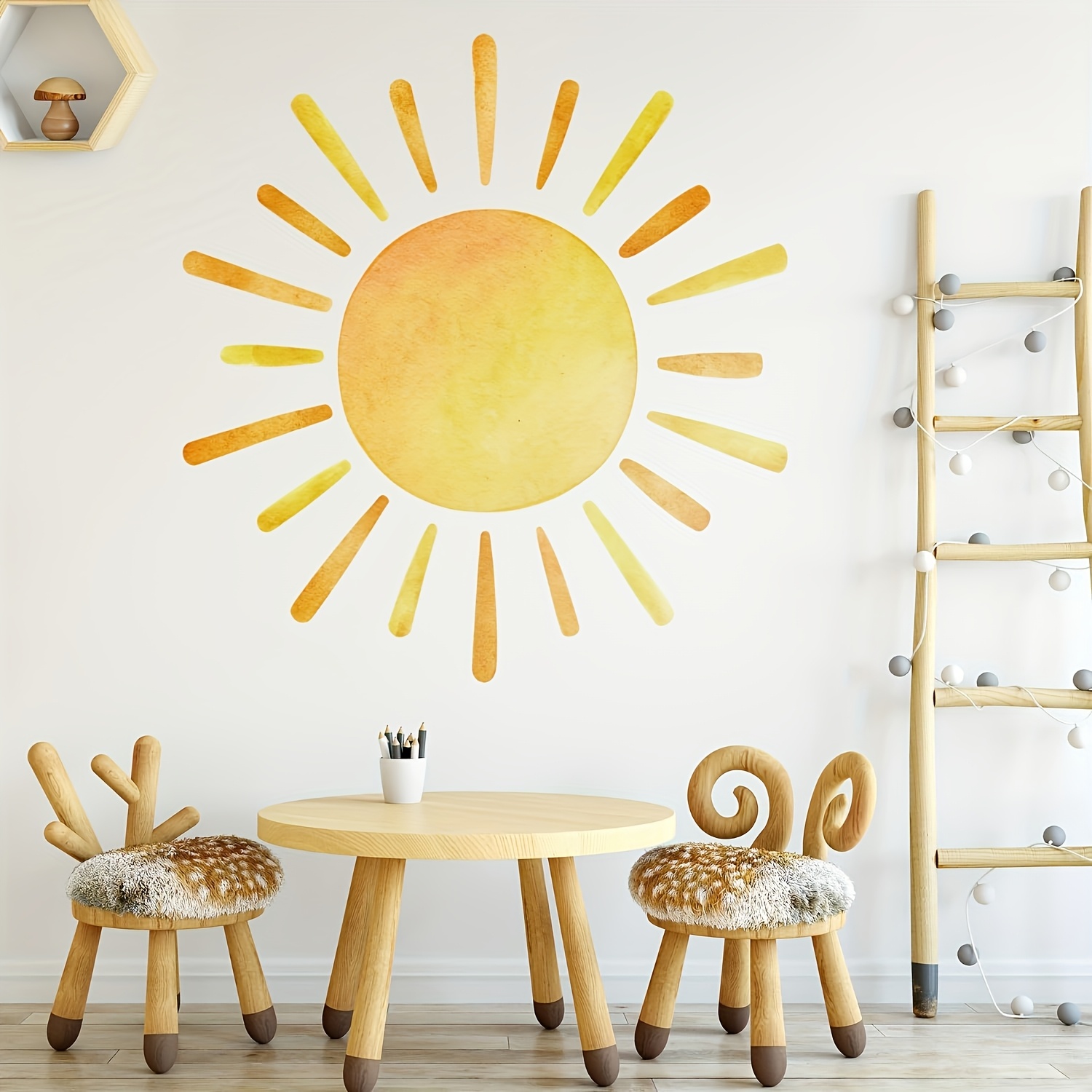 Watercolor Sun Wall Sticker Is Coming Off And Being Reapplied, Featuring A Sunrise Design. This Yellow Sun Wall Art Is Perfect For Decorating Bedrooms And Living Rooms, Easily