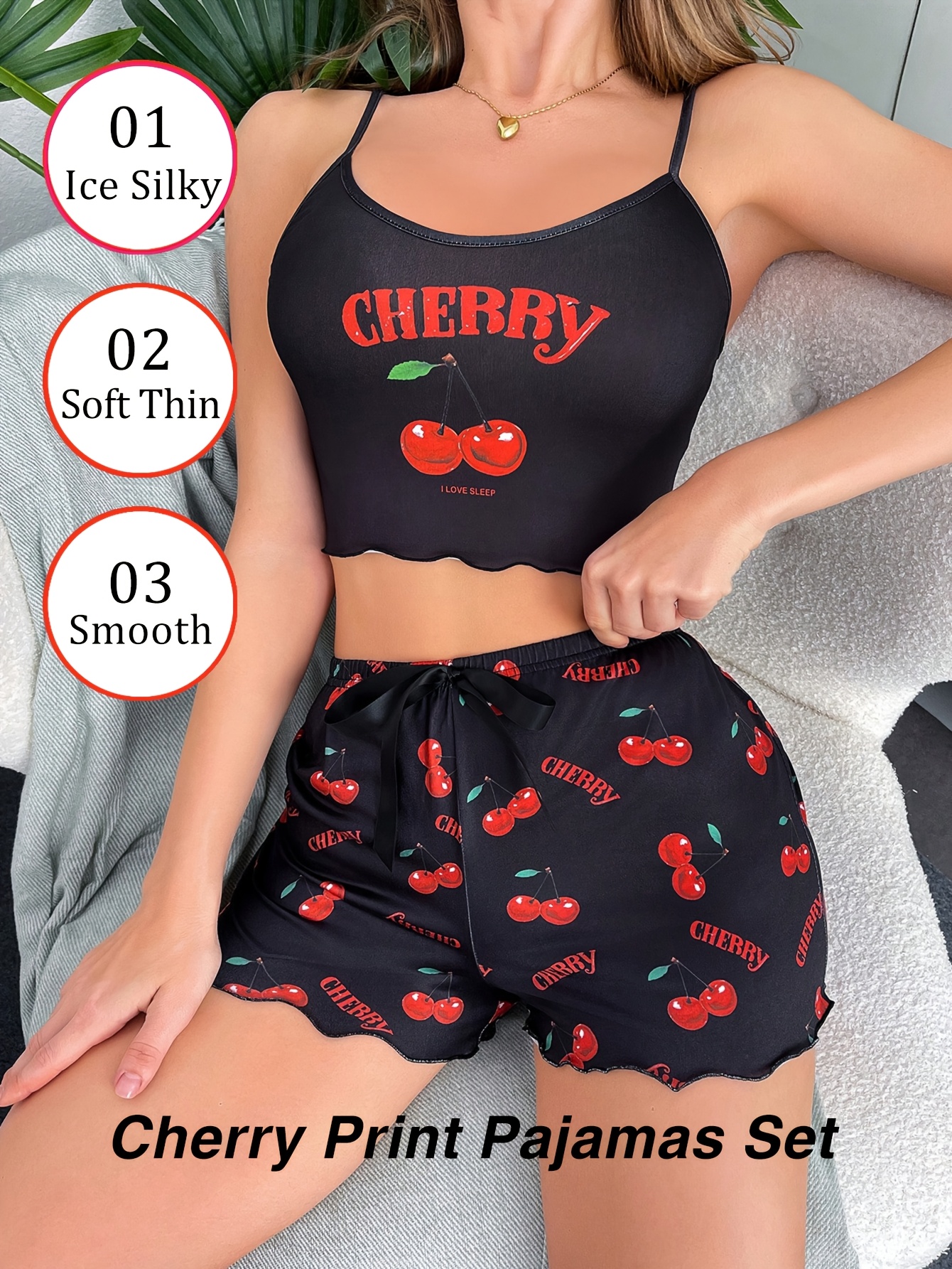 cherry print pajama set womens sweet cute cherry print pajama set   crew backless neck cami top lettuce trim bow shorts womens sleepwear loungewear