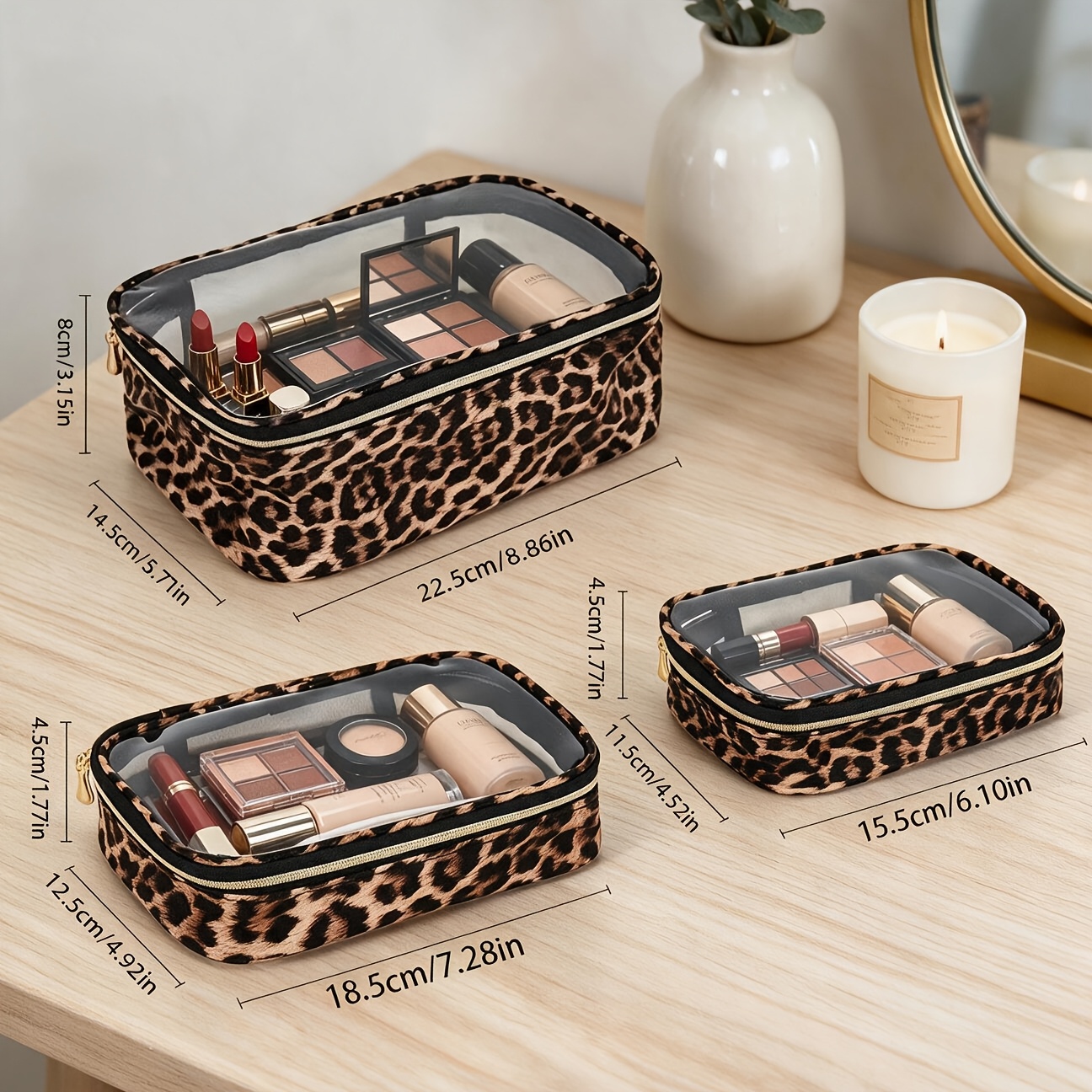 TEMU 3pcs Leopard Print Pu Cosmetic Bag Set, Transparent Visible Design Toiletry Bag 3pcs Set, 1 Set All Needs, Designed For Daily Use And Carrying
