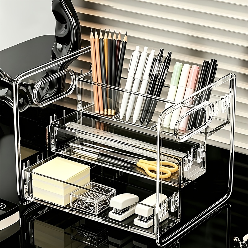 TEMU Boîte de rangement à crayons à trois niveaux en ABS transparent, organisateur de cosmétiques, présentoir à cosmétiques de grande capacité, boîte