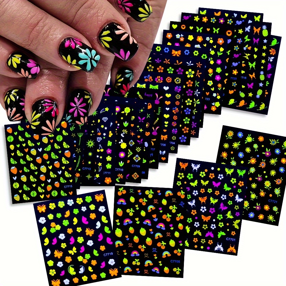 TEMU Glow-in-the-dark Nail Art Stickers - 24pcs Set With Stars, Moons, Flowers, Hearts & Rainbows | Easy Apply Self-adhesive Decals For Shimmering Manicures