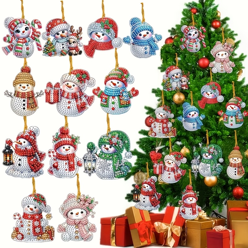 TEMU 2d Flat 12pcs Christmas Snowman Diamond Painting Kit, Christmas Handmade Inlay Jewelry Digital Diamond Painting Decoration, Diamond Painting