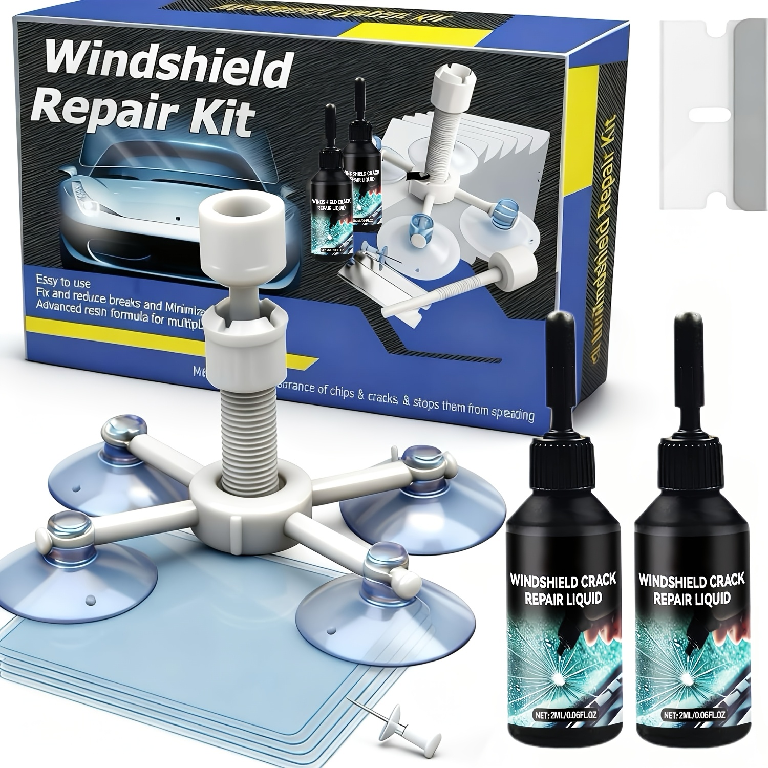 TEMU Upgraded Windshield Crack Repair Kit With Suction Bridge Injector, 2 Repair Resins & Complete Tool Set, Glass Repair For Chips, , Star & Rock 2