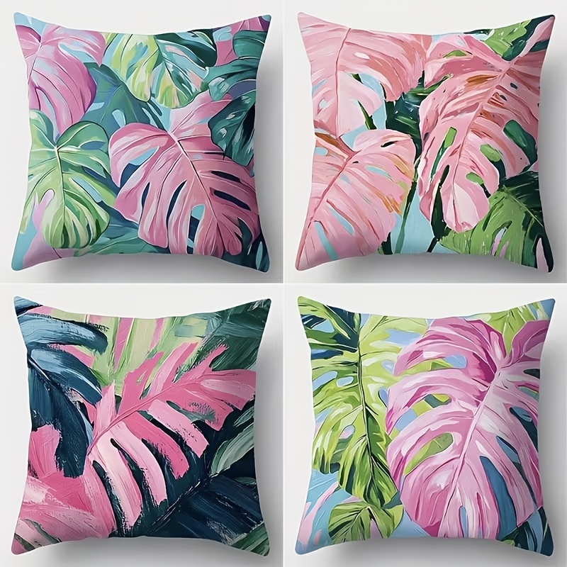 TEMU 4pcs Cushion Covers Available In Multiple Sizes, Featuring Contrasting Pink And Green Tropical Leaf Patterns With And Green Hues, 2d Flat
