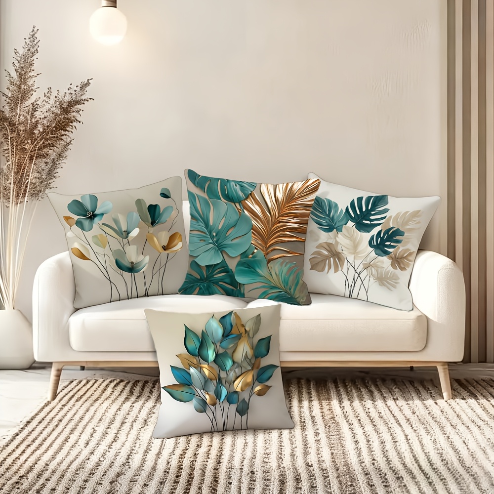 TEMU 4pcs Pillowcases With Tropical Plant Leaves Like Monstera And Palm As Main Body. Combined With Abstract Floral Designs, It Uses Metallic Texture