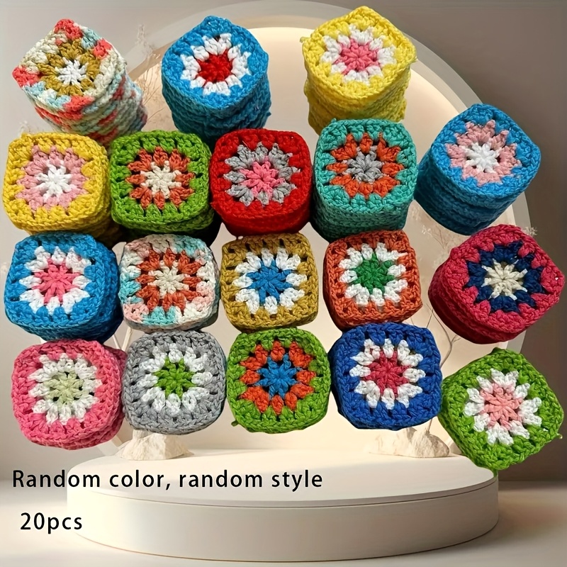 TEMU 20pcs Of Handmade Crochet Flower Blocks Red, Blue, Yellow, Orange, Green, White, Brown Floral Patterns Suitable For Diy Sweaters Crochet Flowers